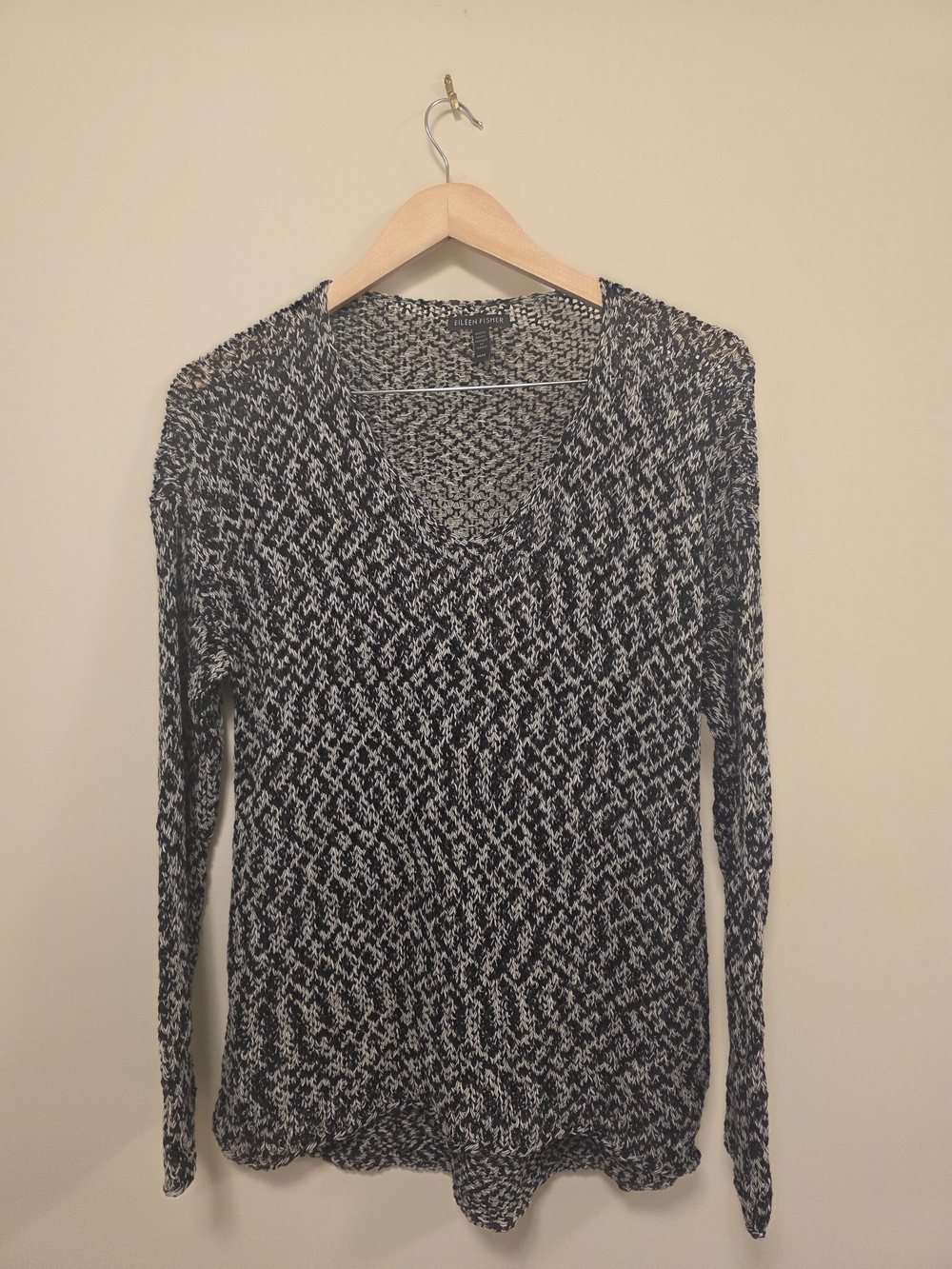 Eileen Fisher Black and White Marled V-Neck Sweater